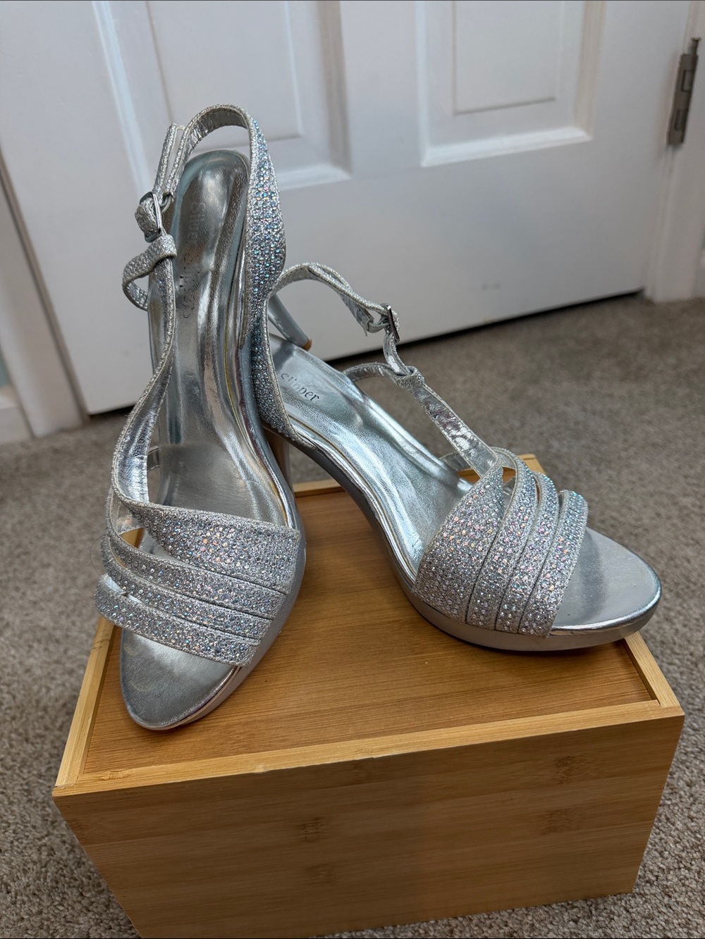 Sparkling Silver Open-Toe Slingback Heels for Women